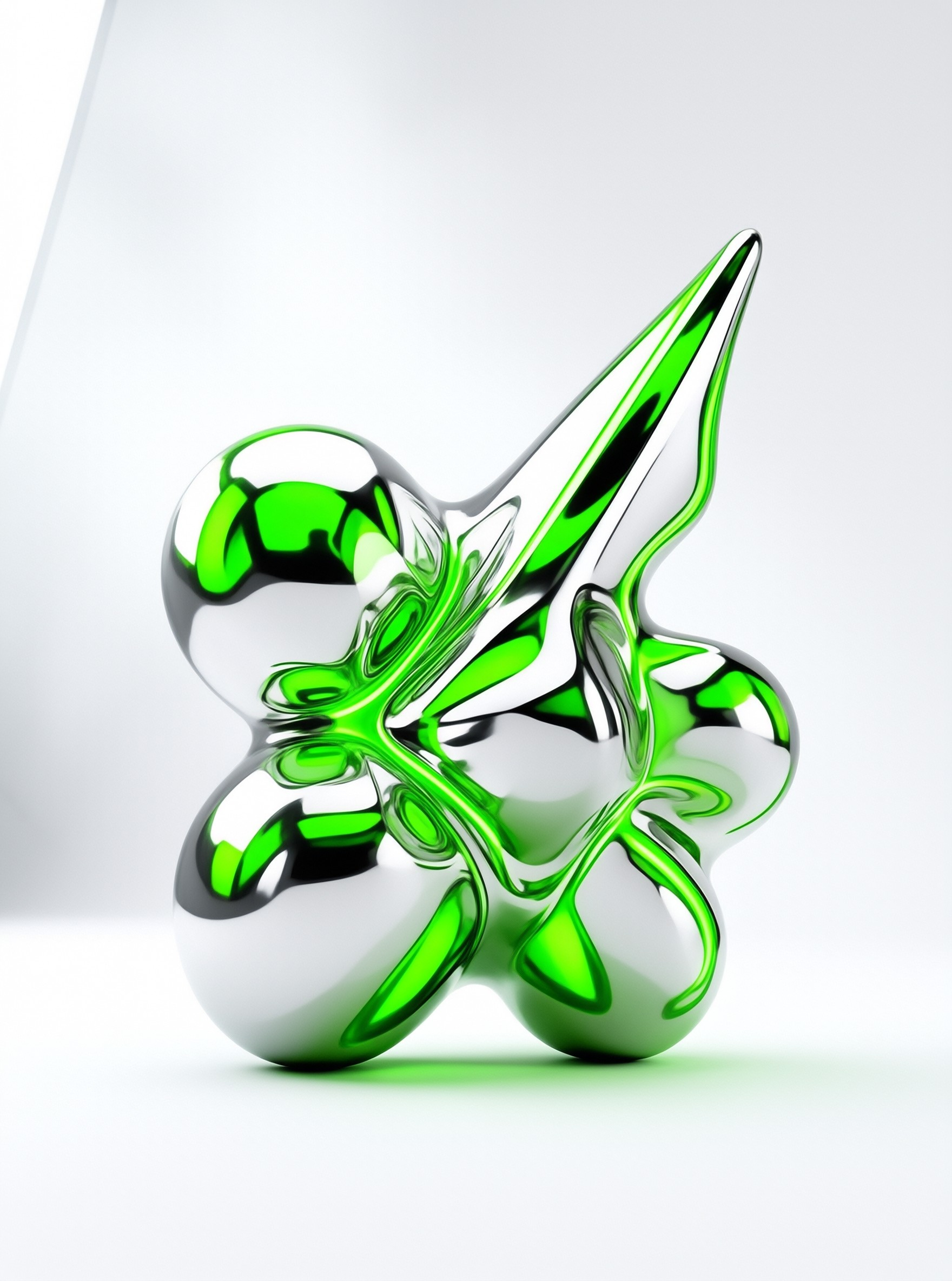 A reflective chrome sculpture featuring bright green interior lighting rests on a white background.