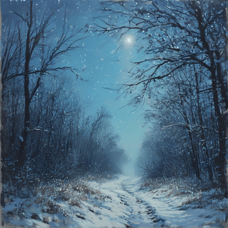 A snow-covered path winds through a dark forest of bare trees under a bright blue sky with moonlight shining from above.