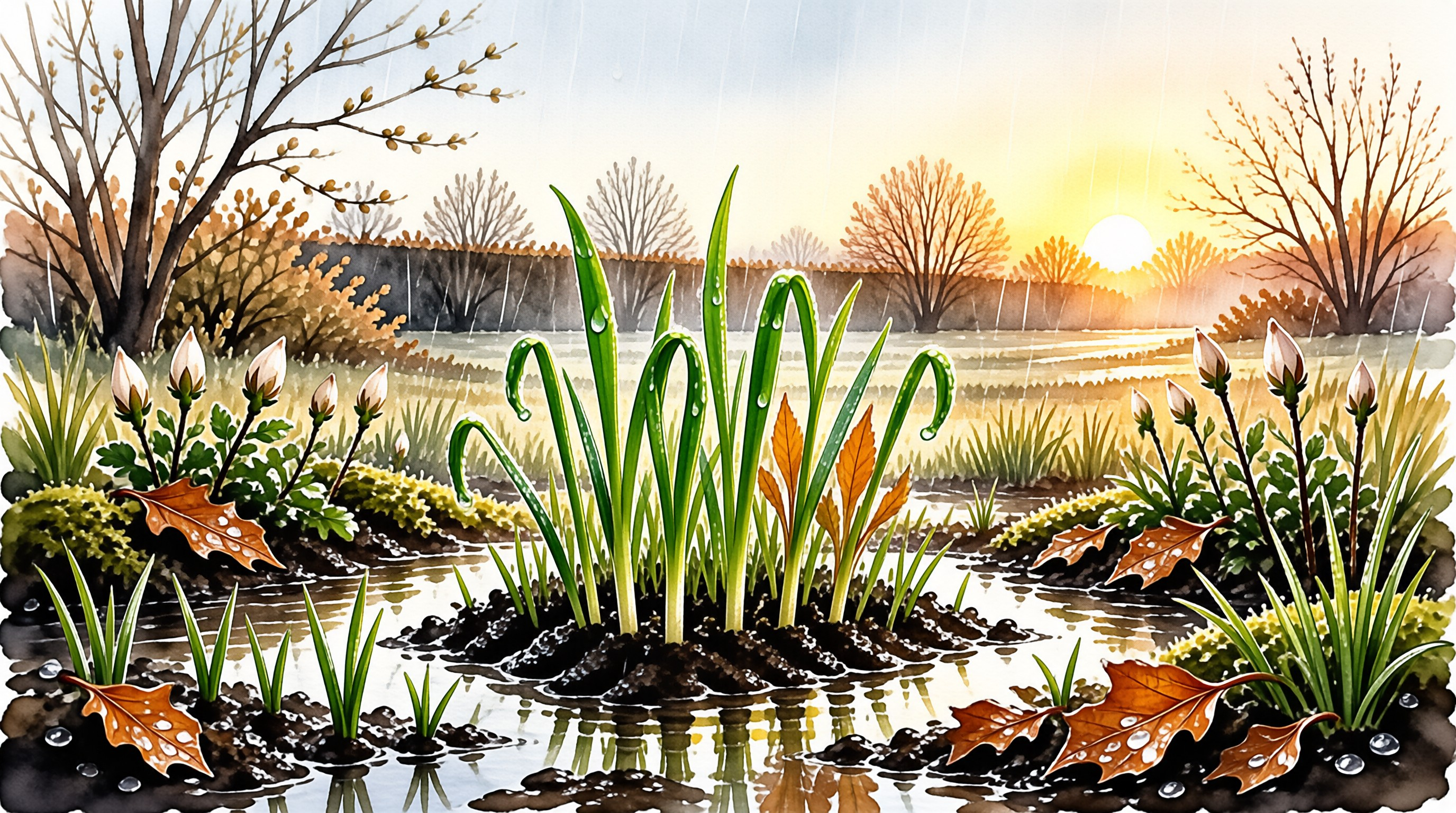 A watercolor painting depicts green shoots emerging from wet dark soil surrounded by puddles and fallen orange leaves under a gentle rain with a glowing sun in the distance.