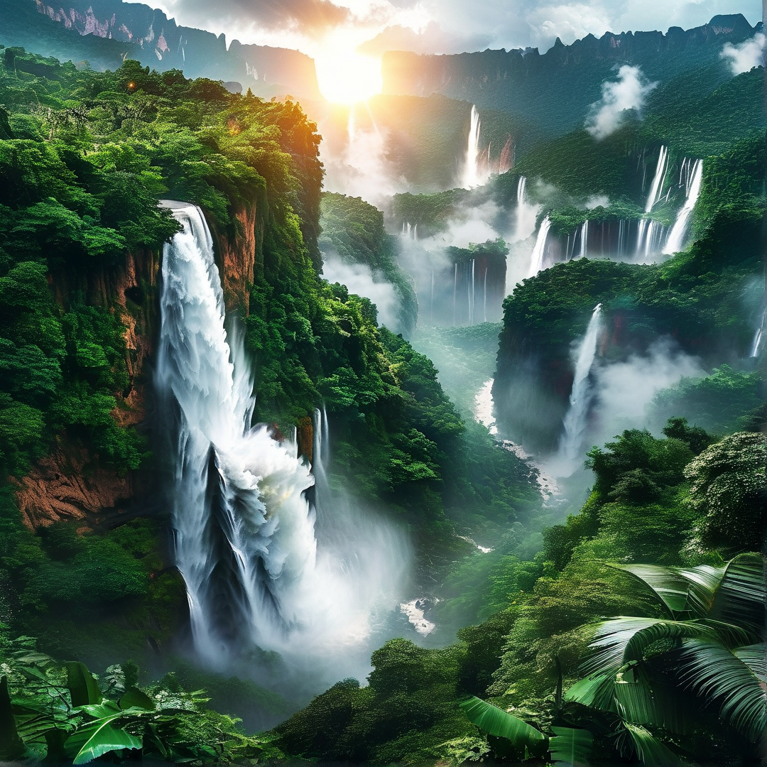 Sunlit Tropical Waterfalls