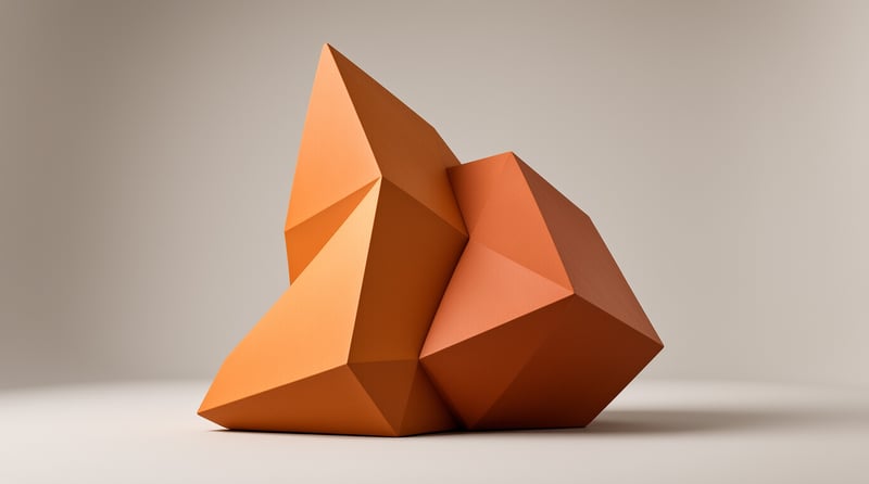 Orange faceted geometric sculpture sits on a pale gray surface with soft even studio lighting and faint cast shadows.