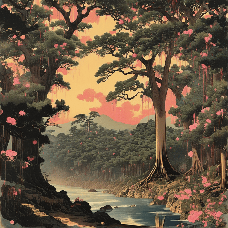 Massive trees with pink flowers line a calm river under warm peach sunset light as soft forested hills stretch to the horizon.