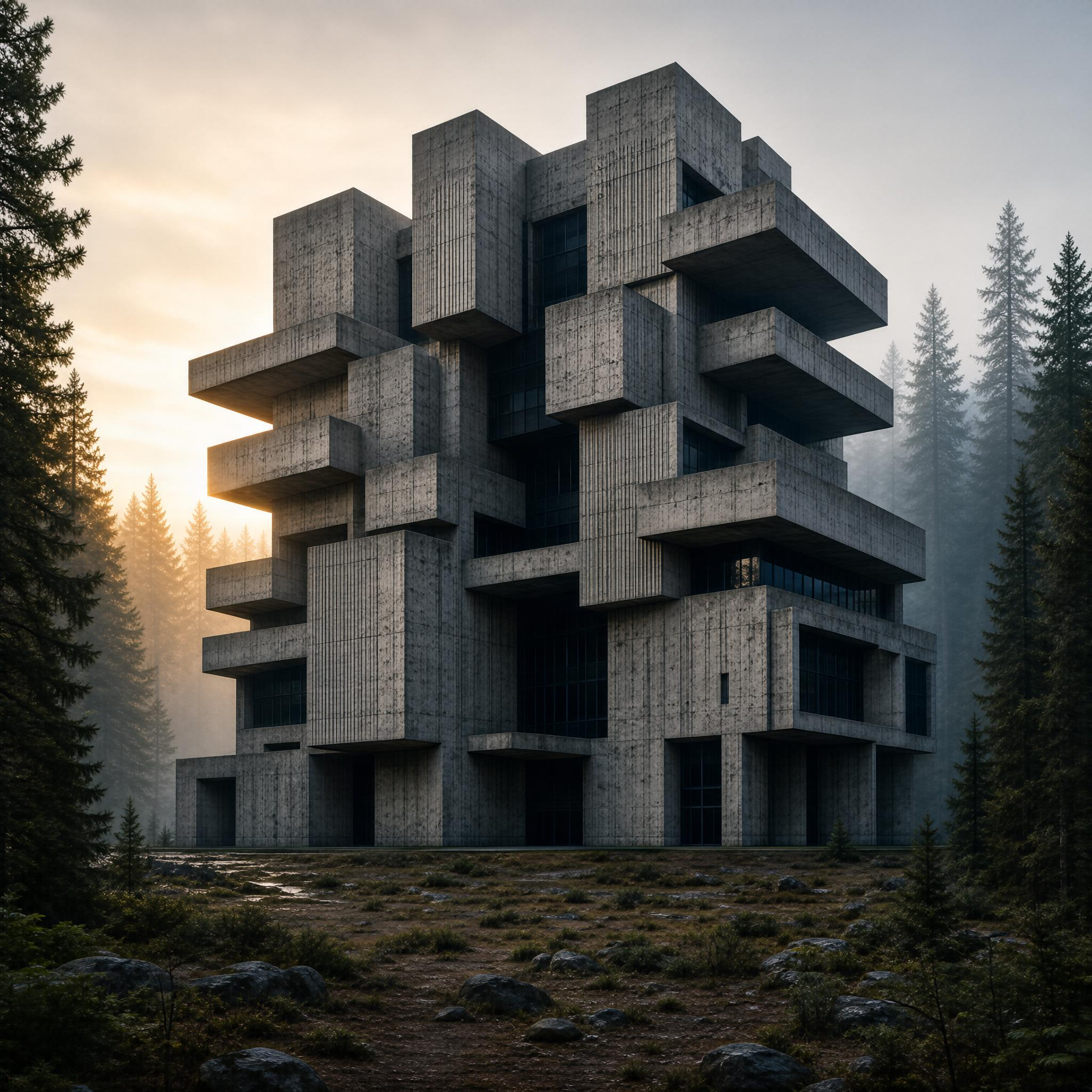 Brutalist Concrete Building in Misty Forest