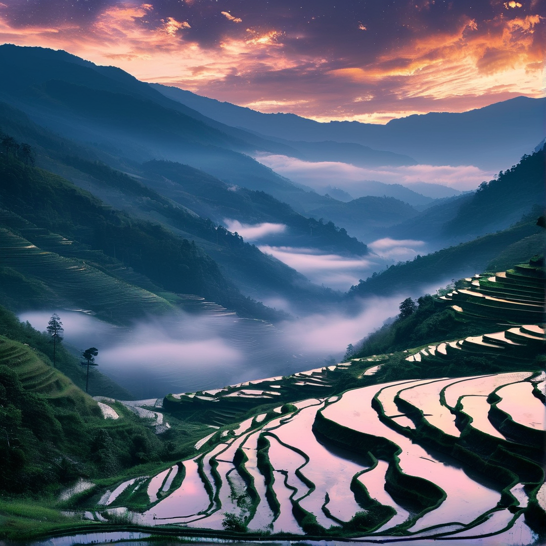 Misty Terraced Rice Fields