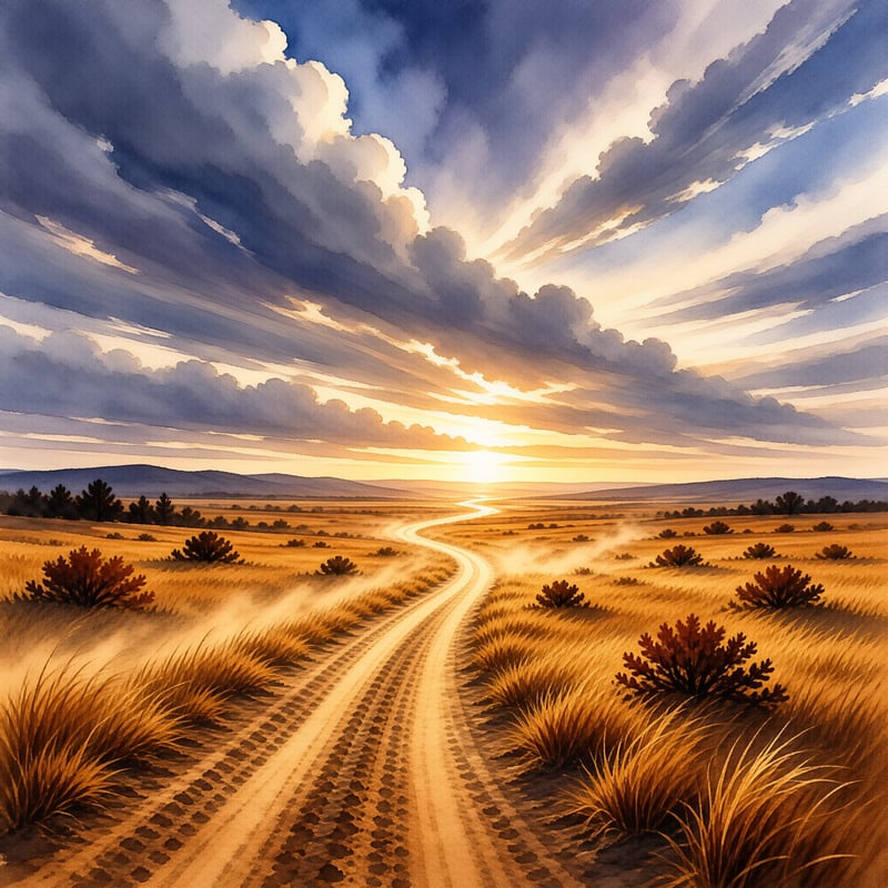Sunlight breaks through clouds over a winding road in a grassy plain filled with small bushes and low fog.