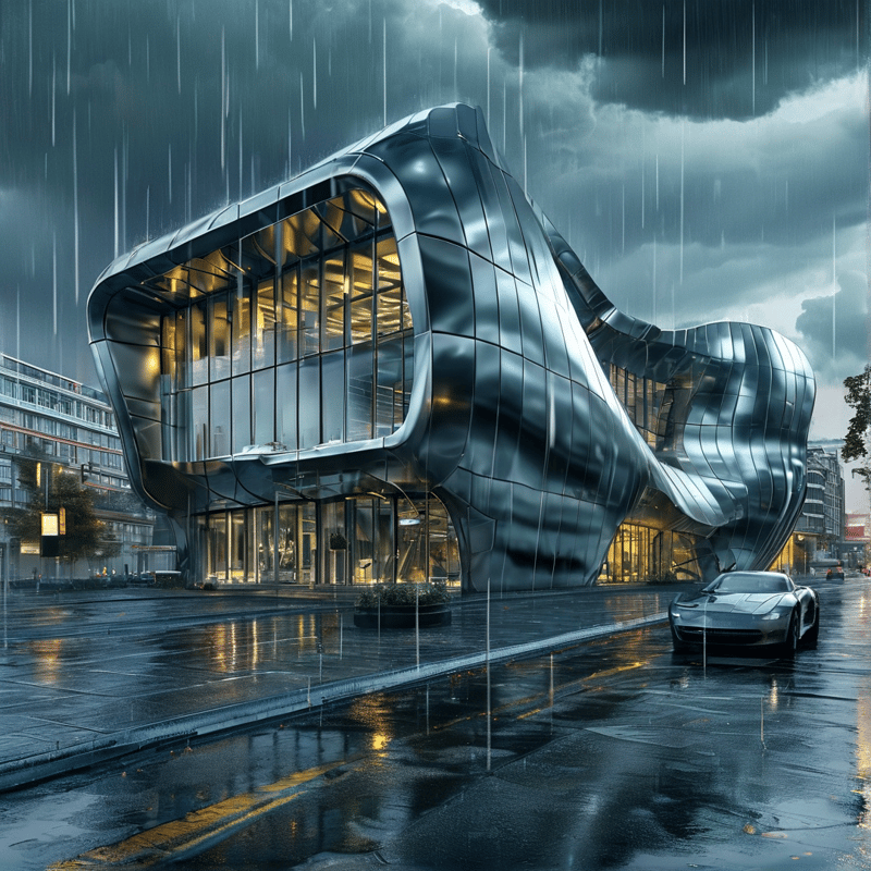Sculptural metallic facade building lit from within as rain soaks the wet city street, reflections glowing on pavement