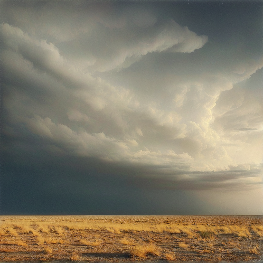A dry grassy plain stretches beneath massive billowing clouds lit by warm golden light on the right.