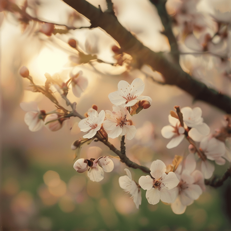 Delicate white blossoms bloom on dark tree branches bathed in soft golden sunlight with a dreamy blurred background.
