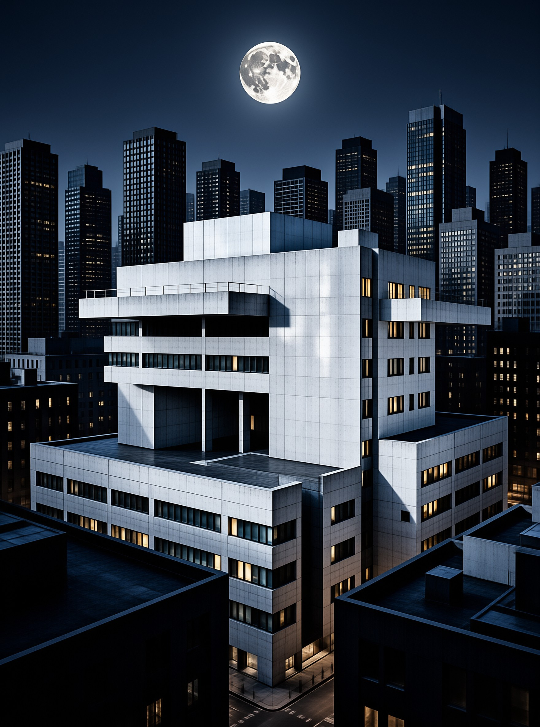 A pale modernist office block with cantilevered terraces glows under moonlight amid dark glittering towers.