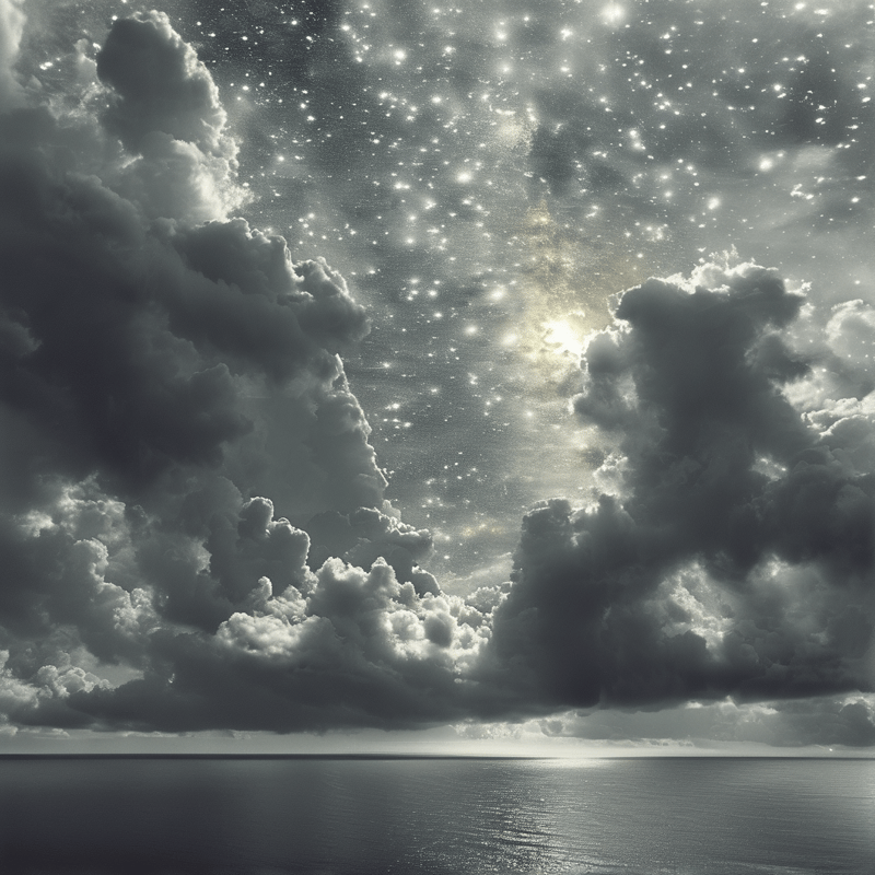 Large dark cumulus clouds frame a brilliant starry sky above a calm dark ocean reflecting a bright central glow in monochrome tones.