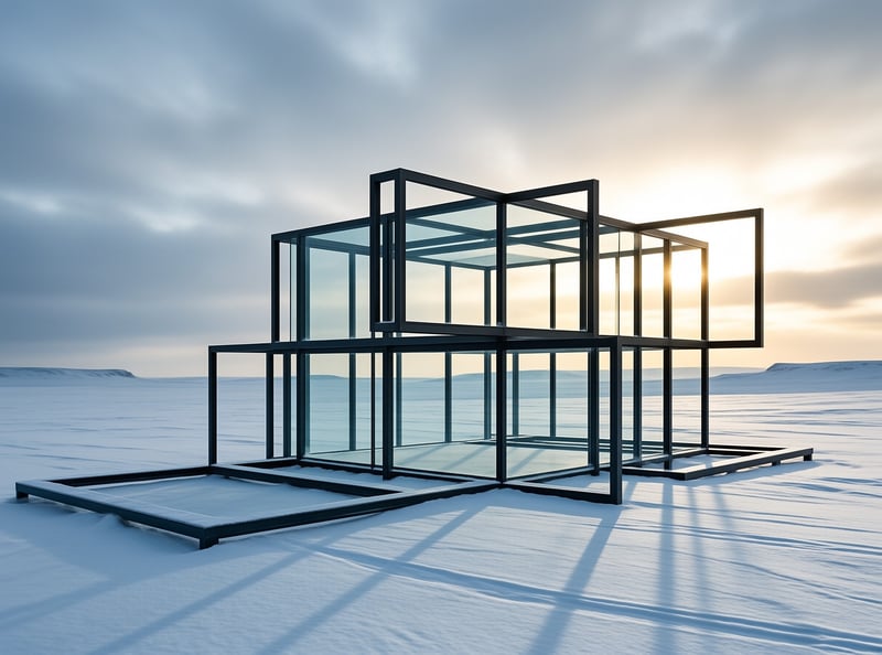 Minimalist glass structure isolated on a snowy plain with long shadows cast by the setting sun.