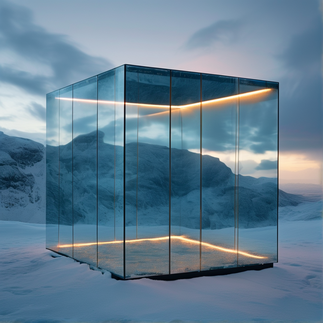 Glass Cube in Snowy Mountains