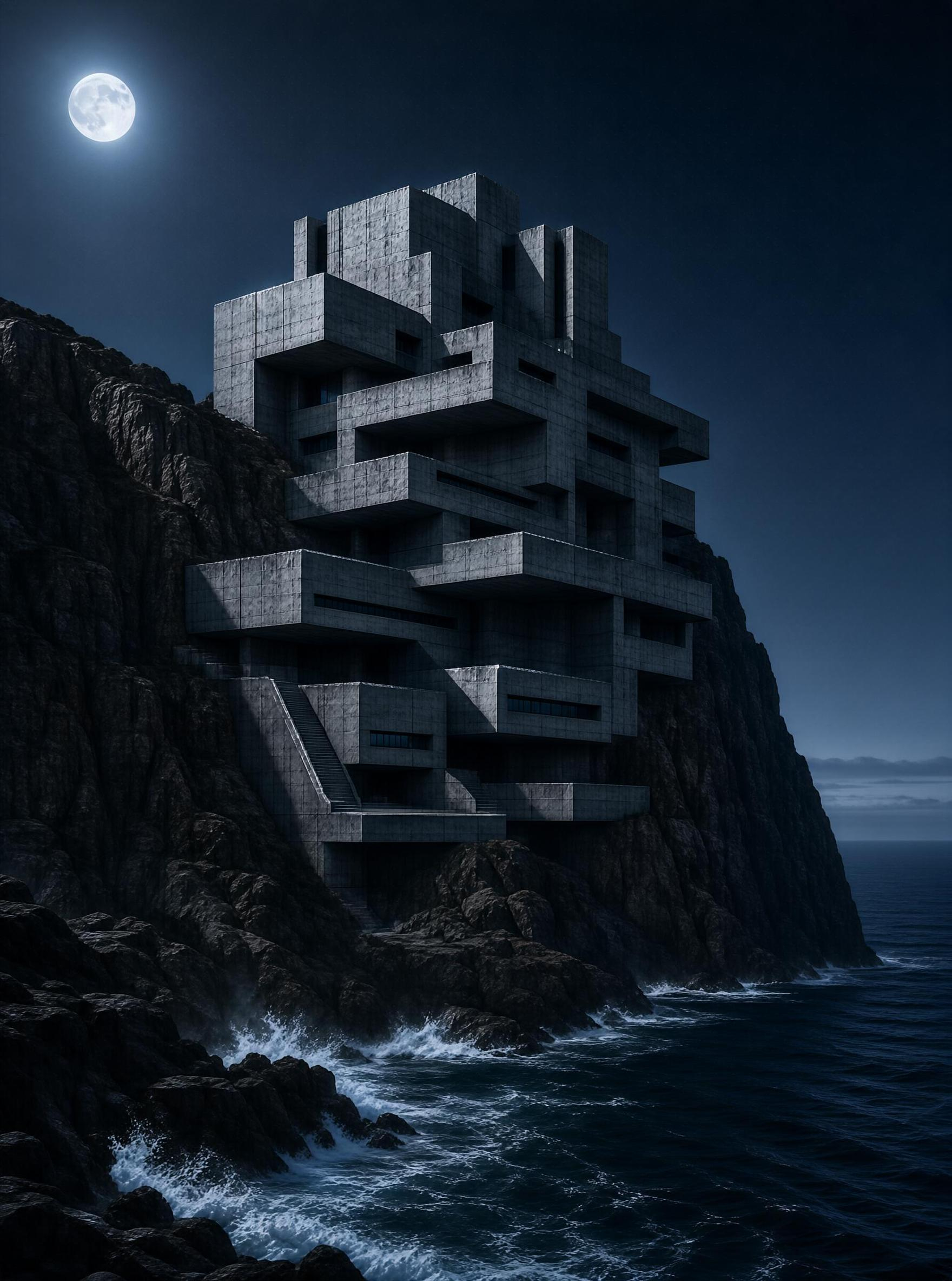 Modern Concrete Building on Cliff by Moonlight