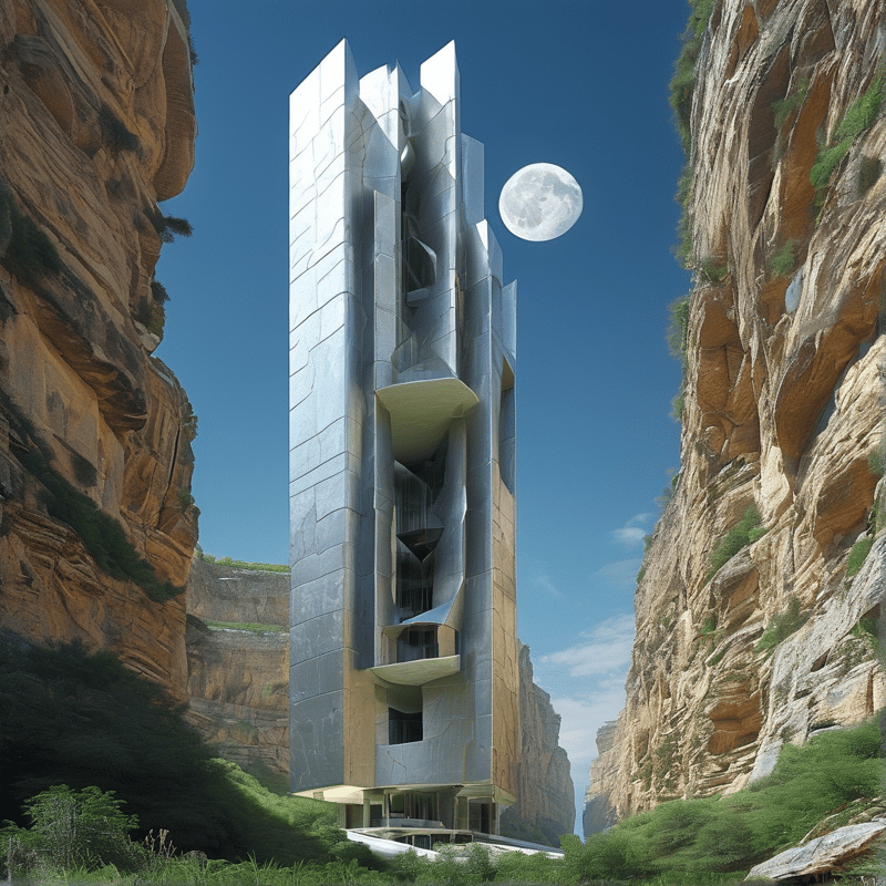 A futuristic silver building stands tall within a rocky gorge under a blue sky with a large moon.