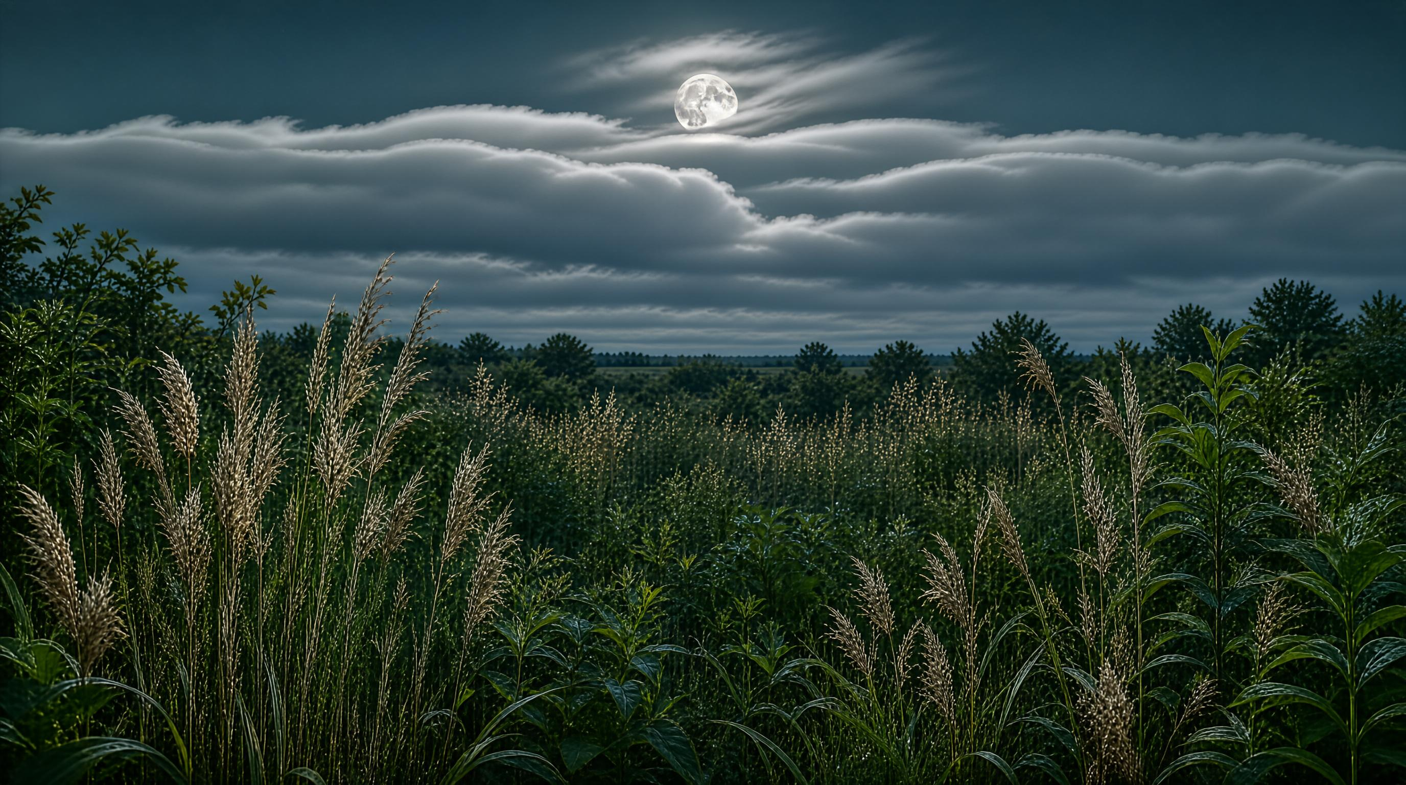 Moonlit Field with Tall Grasses