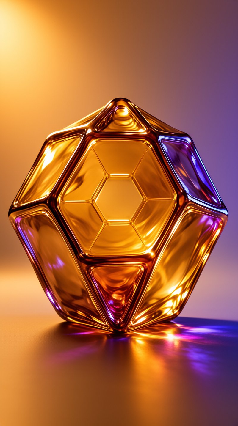 A faceted golden crystal with a honeycomb design rests on a surface reflecting warm orange and cool purple lighting.