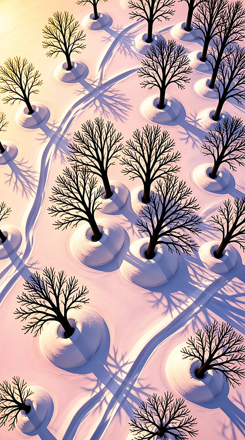 Aerial view of leafless black trees standing in soft pink and white snow under warm golden sunlight.