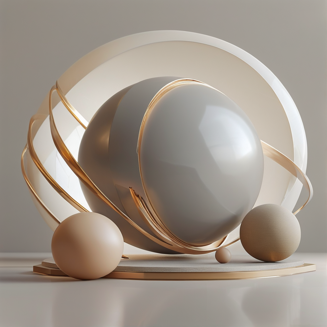Glossy grey spheres, matte beige balls and gold arcs rest before a pale disc on a neutral studio surface with soft light.