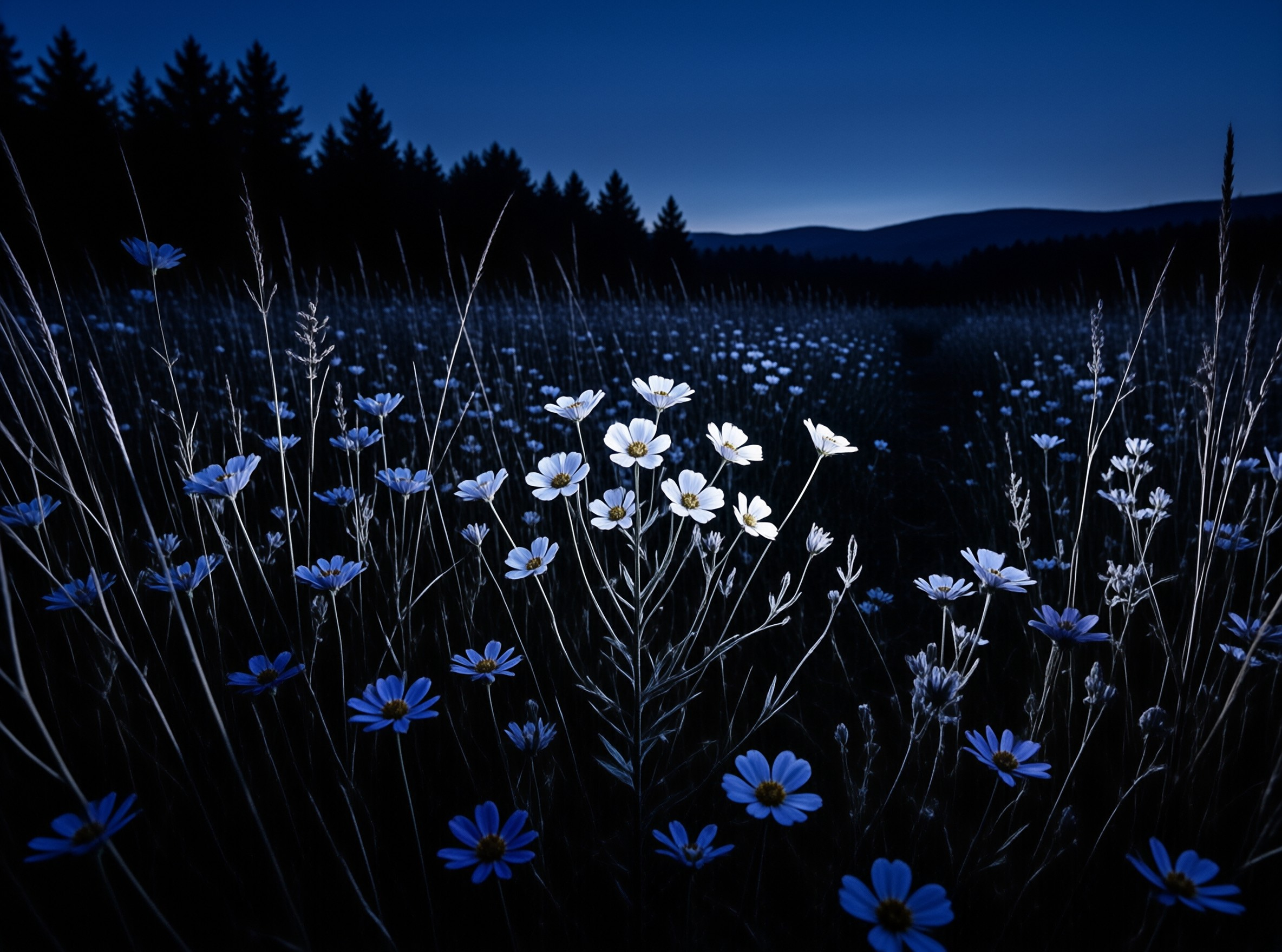A field of blue cosmos flowers stands out brightly against a dark forest silhouette during the blue hour of dusk.