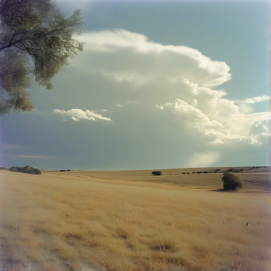 Sun-bleached grassland stretches to distant shrubs under a pale blue sky with a warm lit large cumulus cloud, a leafy oak hangs at the upper left edge.