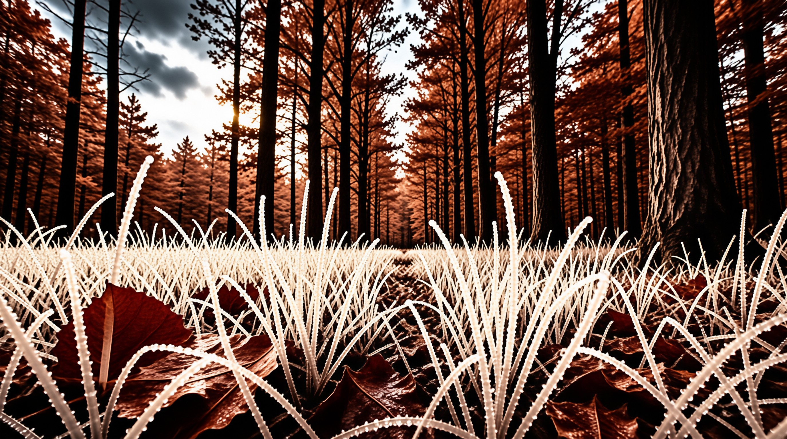 White frost coats the foreground grass while tall dark trunks rise toward a bright cloudy sky.
