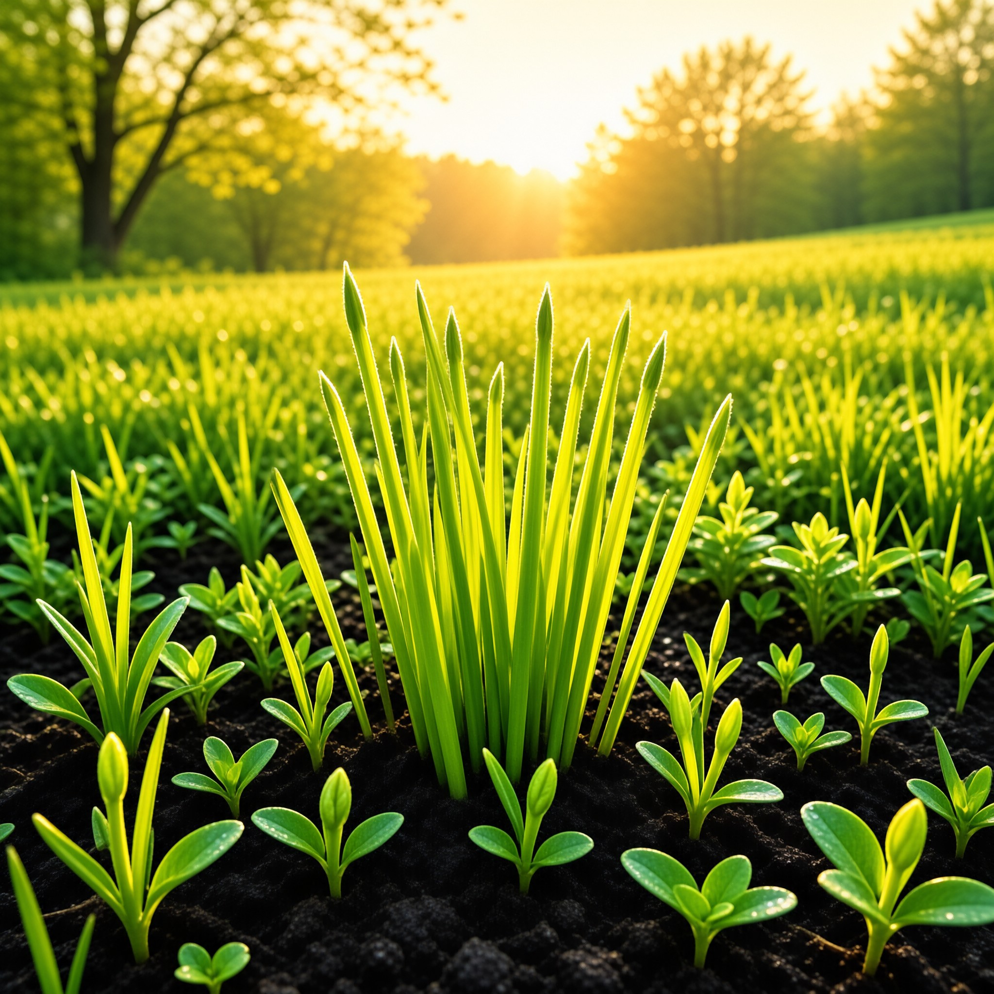 Sunlit Field of Young Plants