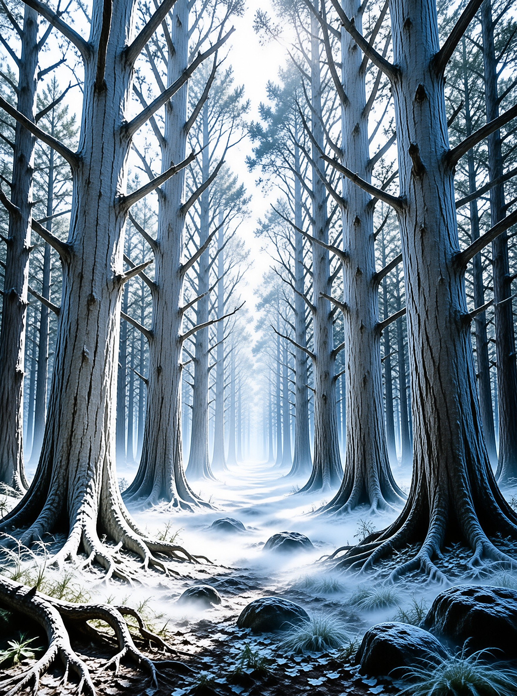 Misty White Forest Path Landscape