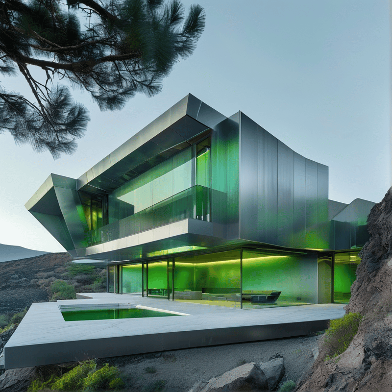 A futuristic angular building with reflective metal panels and glowing green walls sits on a rugged rocky slope.