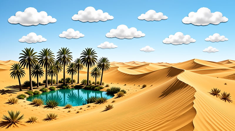 A turquoise water pool fringed with palm trees and spiky plants sits below rolling golden sand dunes.
