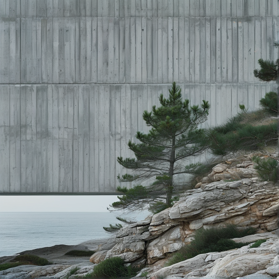 A massive gray concrete wall stands vertically behind a rocky shoreline where a pine tree grows near calm blue water.