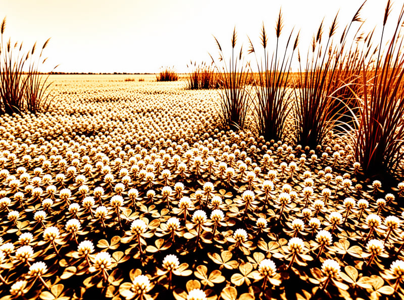 A wide expanse of white aquatic blooms fills a shallow field with tall reeds under warm sepia lighting.