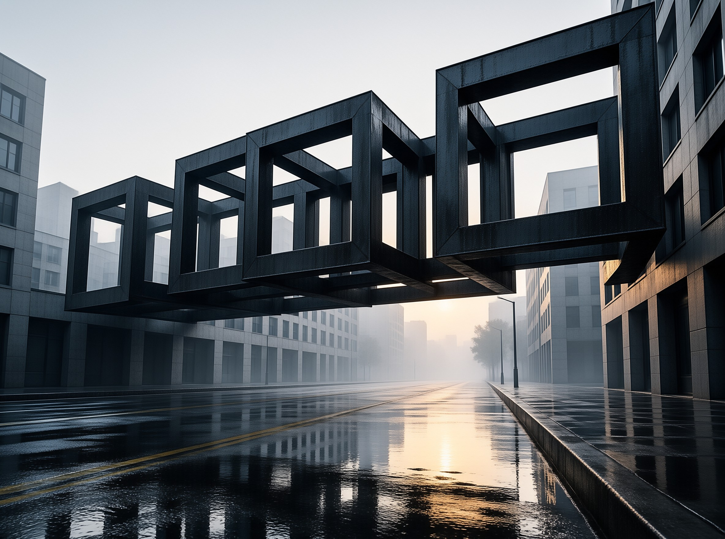 Floating Cubes in Foggy City