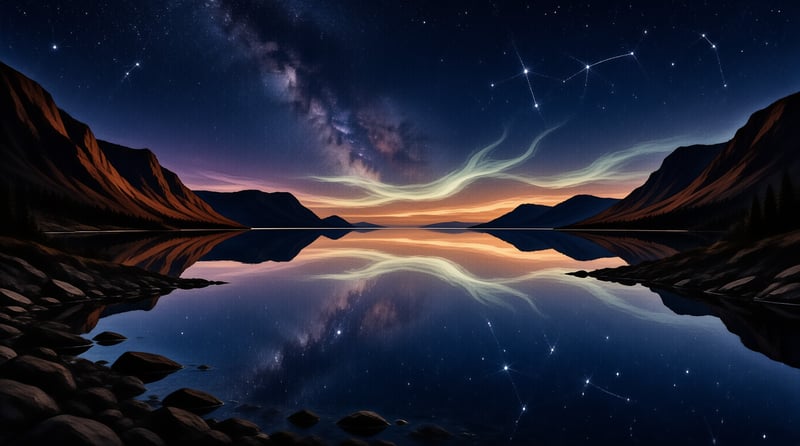 A tranquil mountain lake mirrors the starry night sky and green aurora ribbons above distant peaks.
