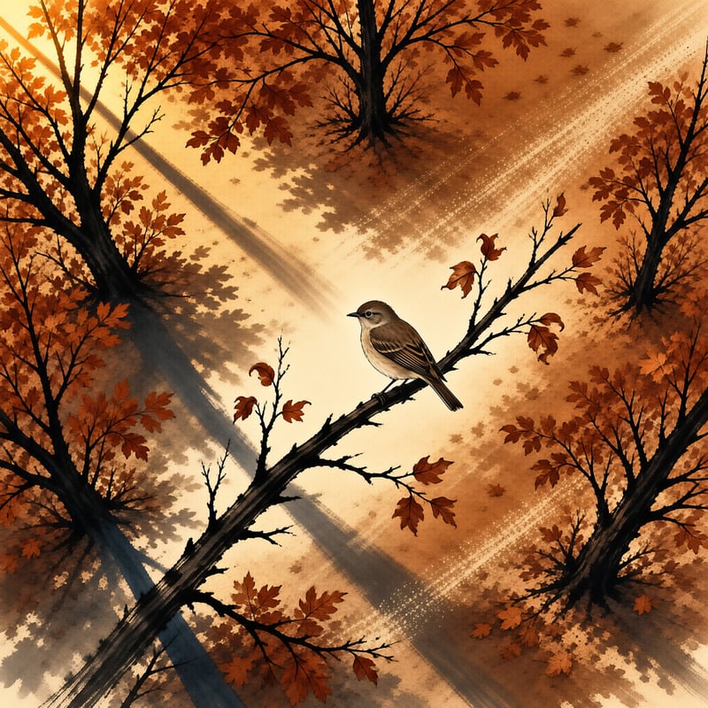 A small brown bird perches on a dark branch surrounded by orange leaves and dappled sunlight in a warm sepia illustration.