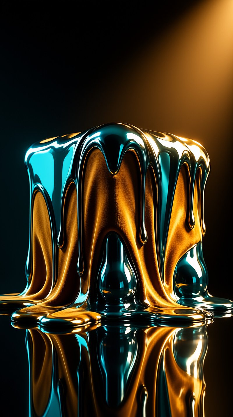 A glossy metallic cube drips molten blue and gold rivulets onto a dark reflective floor under warm studio light