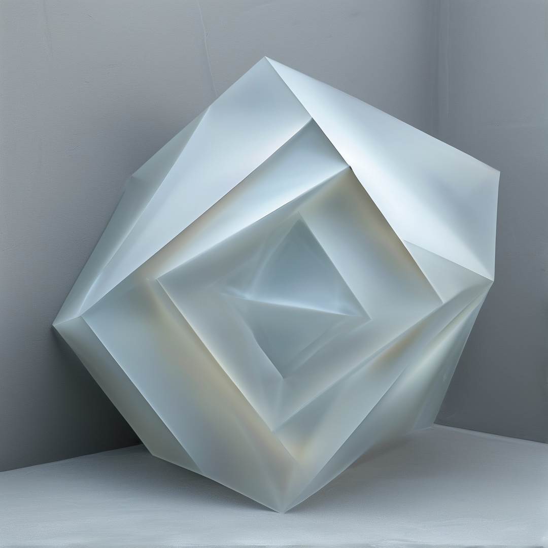 A white folded geometric shape sits in the corner of a grey room with soft lighting.