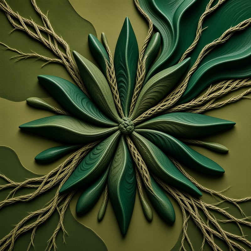 A sculpted green flower of pointed leaves spreads across an olive surface threaded with pale twine