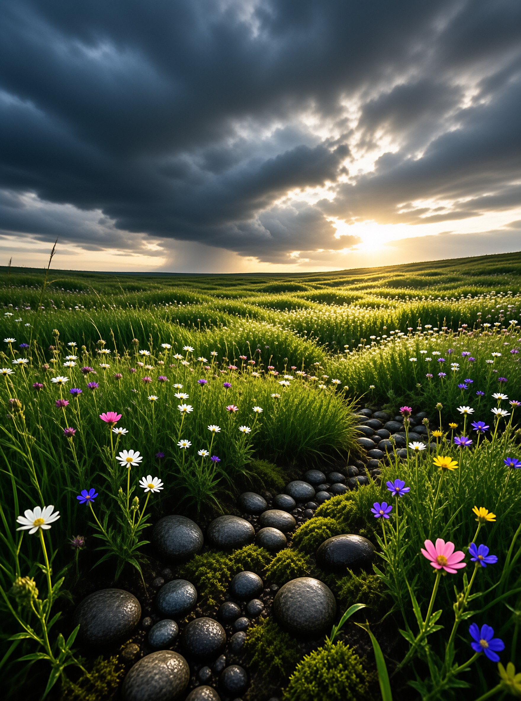 Wildflowers Under Stormy Sky
