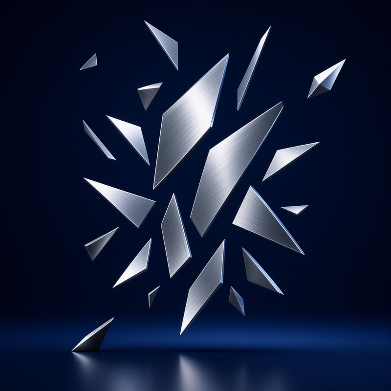 Brushed metal triangular shards float at varied angles against a dark blue studio background with faint reflections below