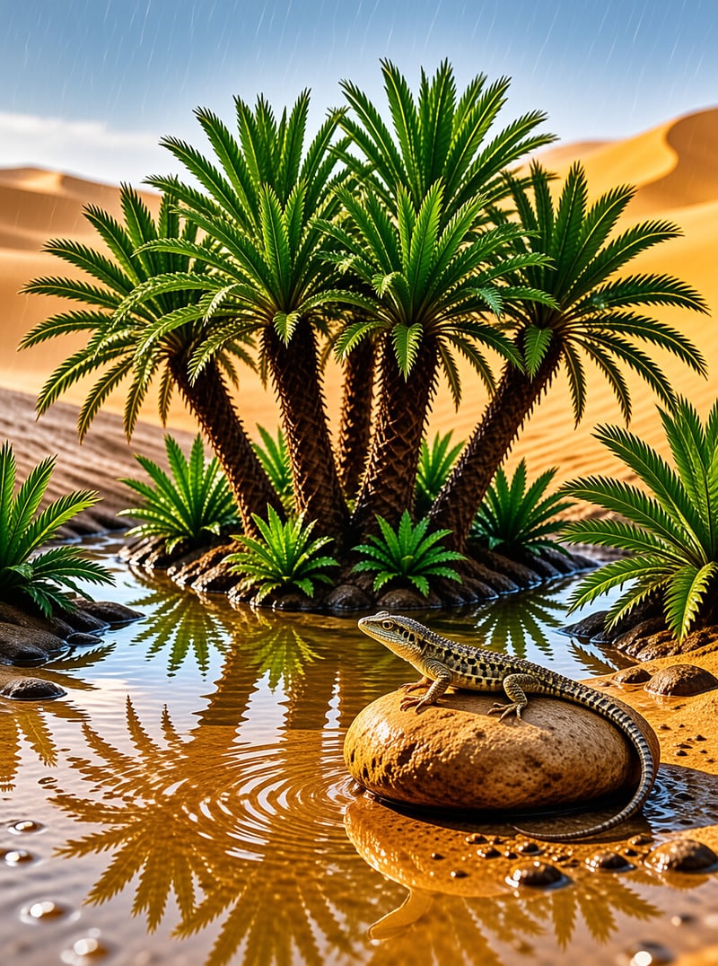 A large patterned lizard rests on a wet rock in a desert oasis, surrounded by palm trees and sand dunes under light rain.