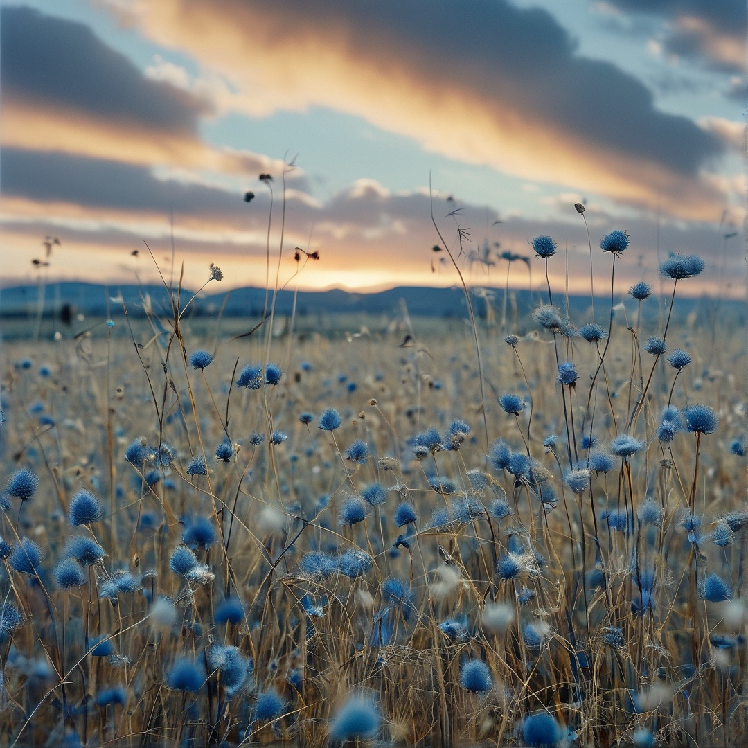 A landscape view of a meadow filled with blue globe thistles and dry grasses under a cloudy sky at dusk.