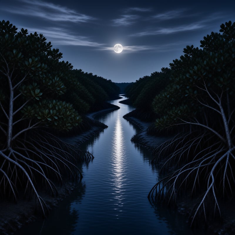 Moonlit Mangrove River