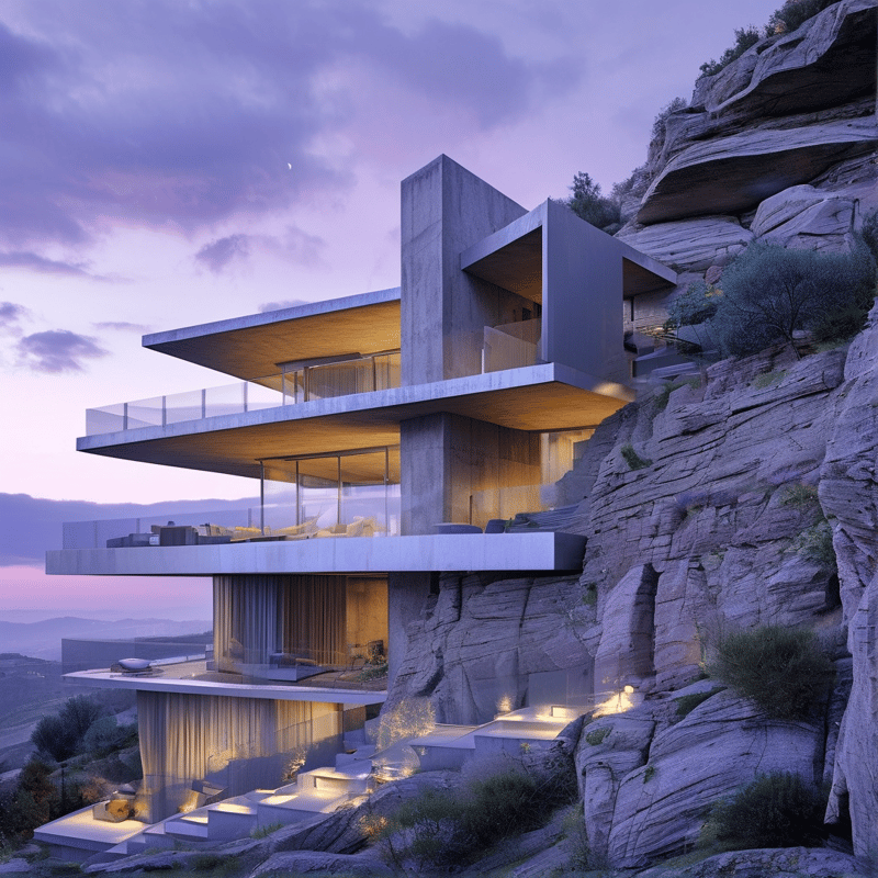 A multi-story architectural structure cantilevered from a rocky face glows warmly against the purple sky.