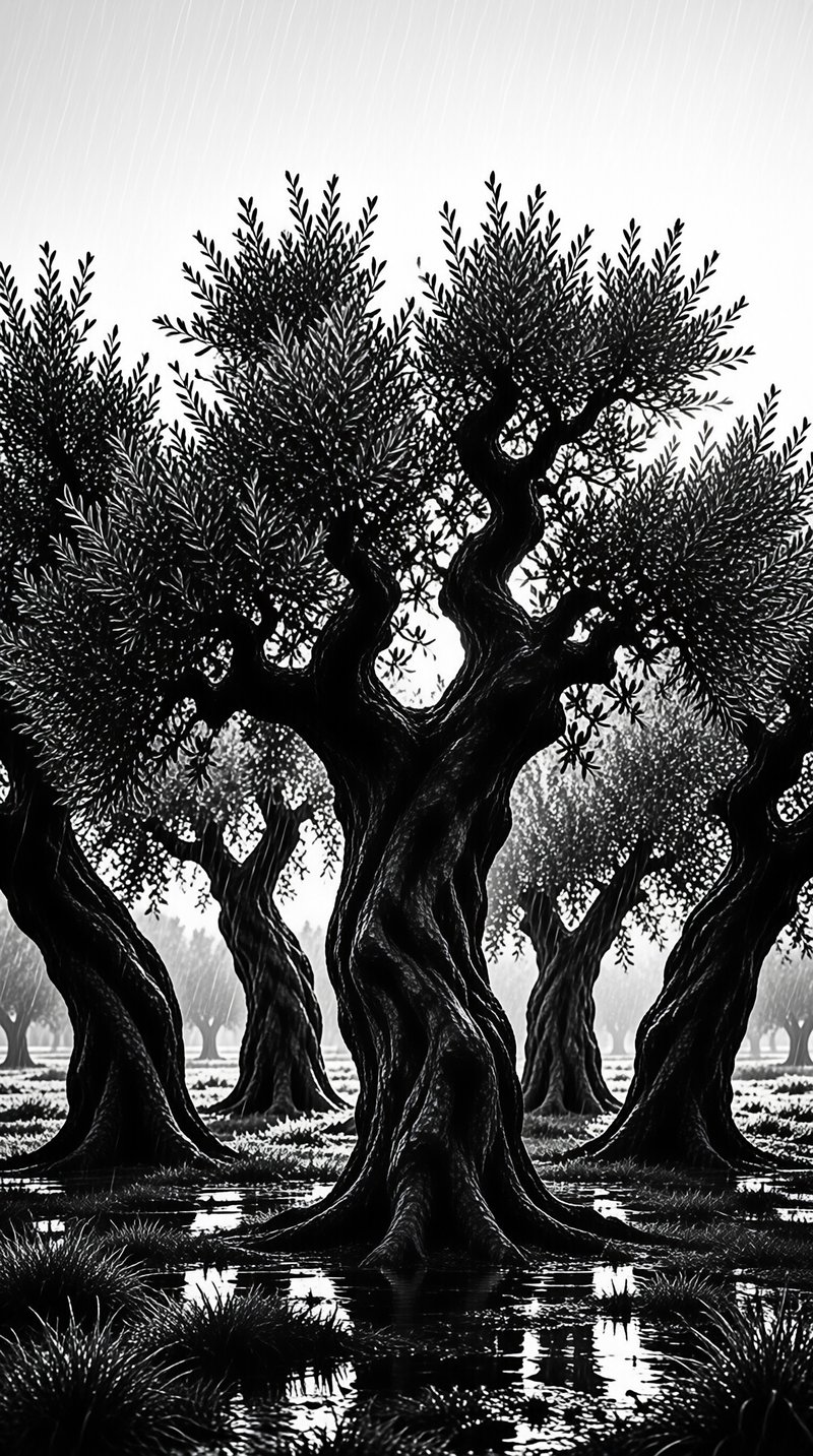 Monochrome image of gnarled olive trees in shallow water under rain, with reflections on the wet ground.