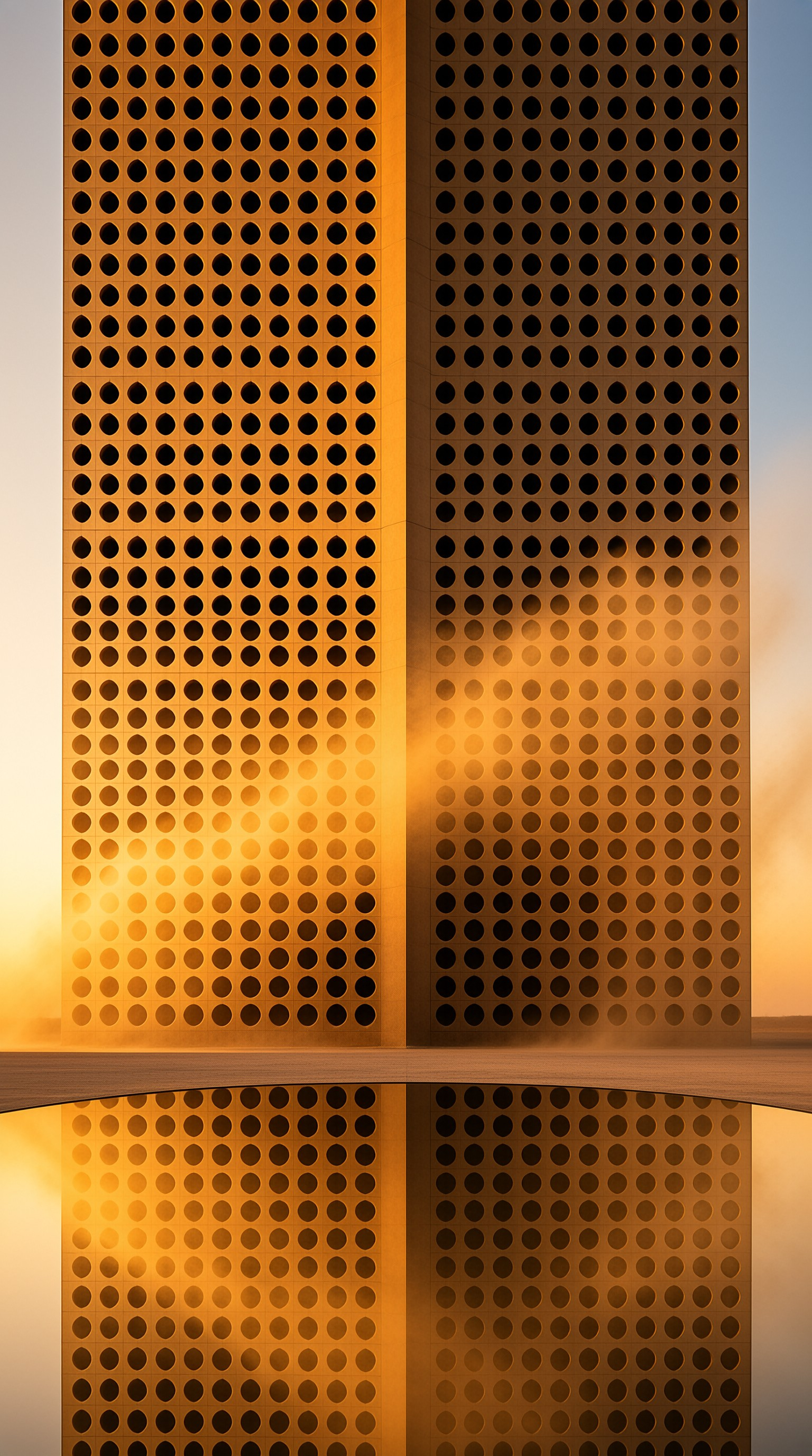 Two tall honey-colored facades punched with round windows stand mirrored in a calm reflecting pool.