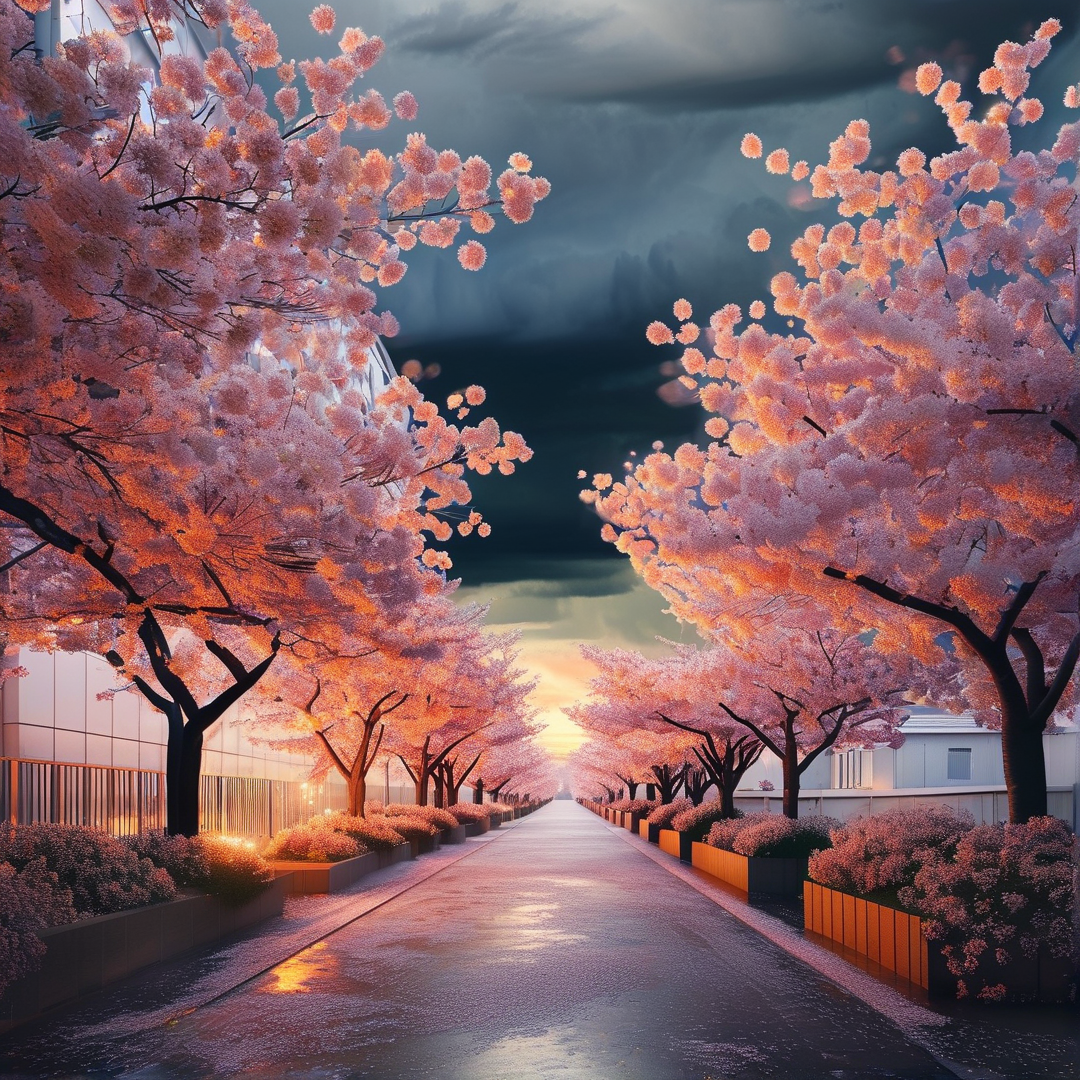 Cherry Blossom Road Sunset