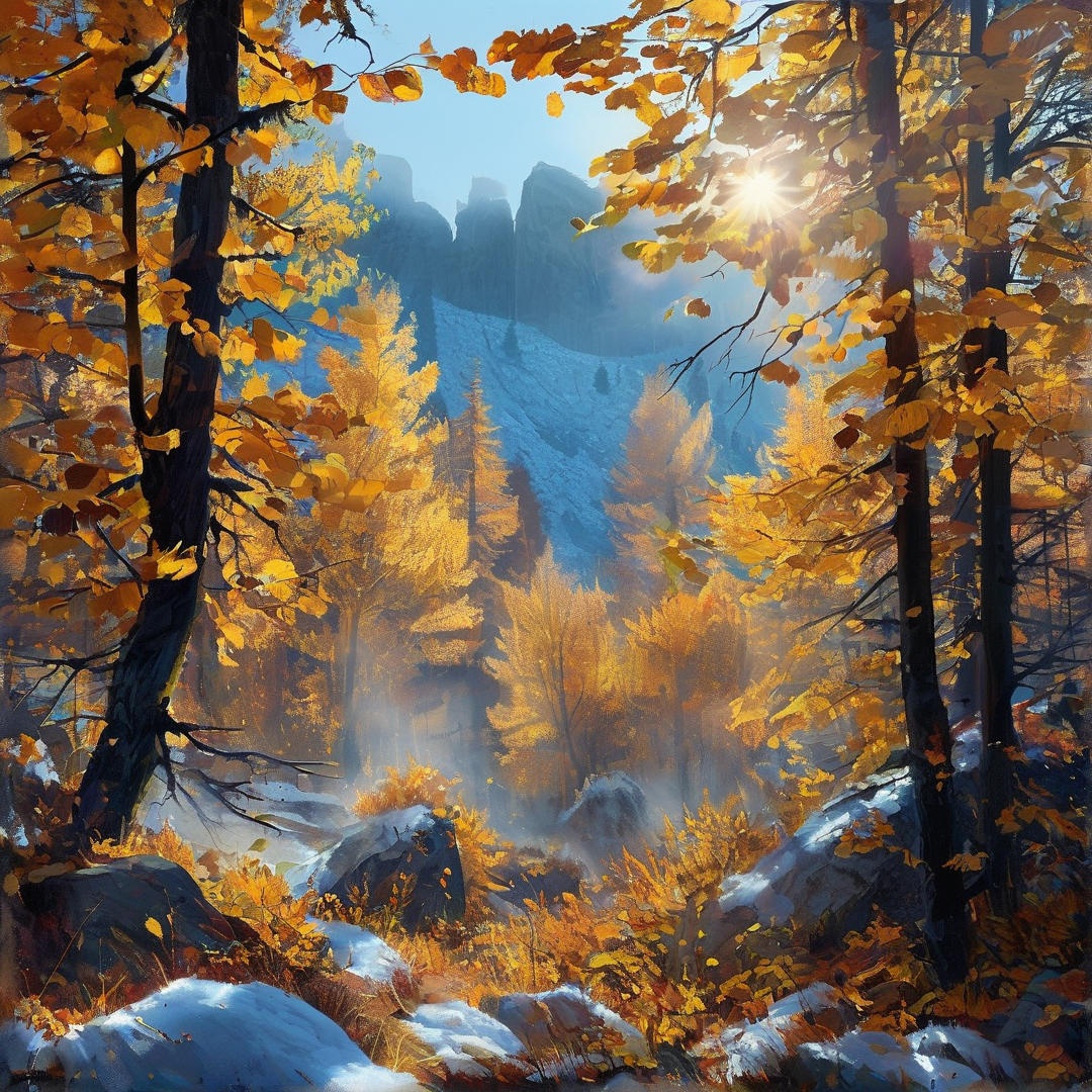 Sunlit Autumn Mountain Forest