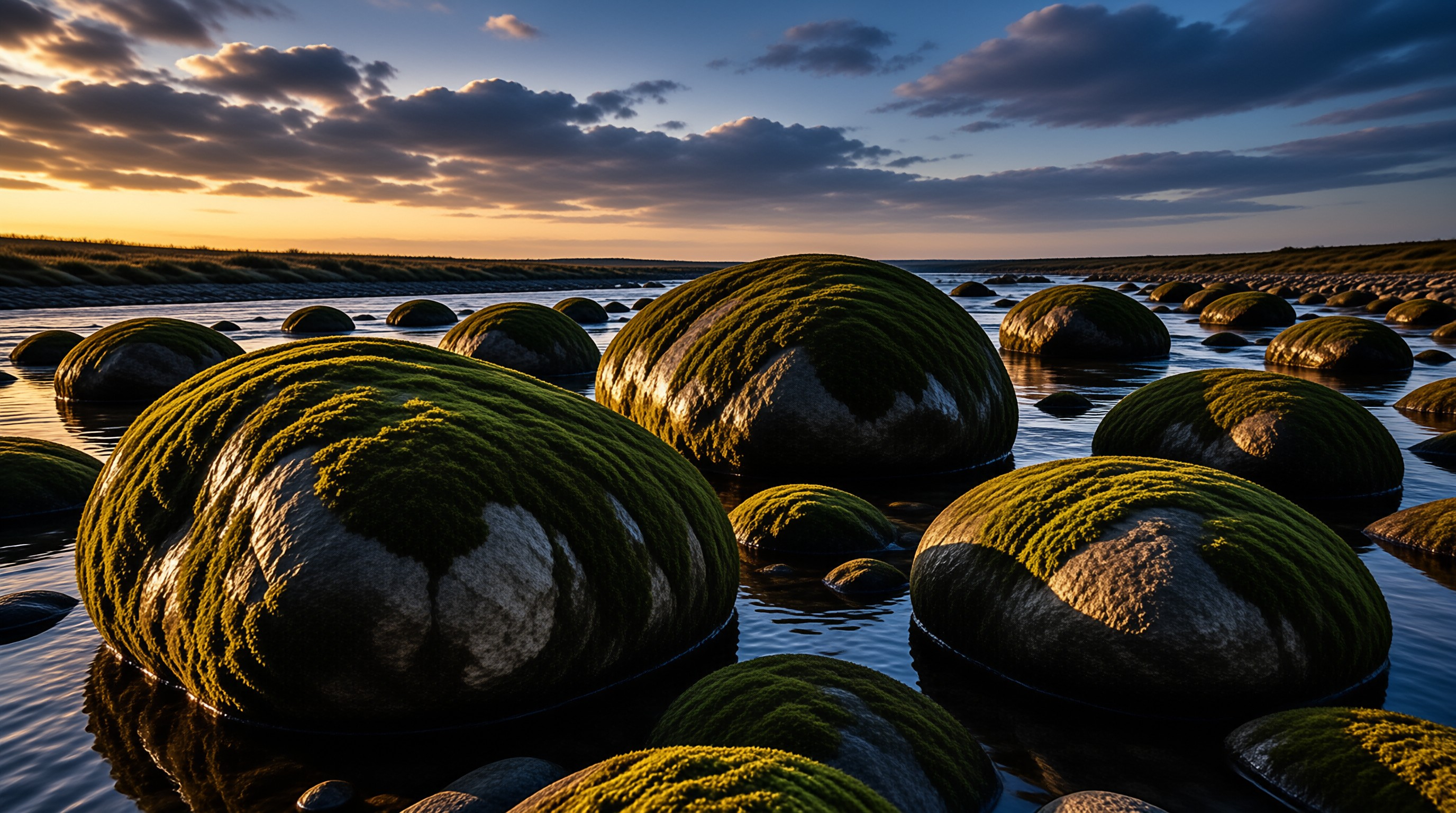 Giant Mossy Boulders in River