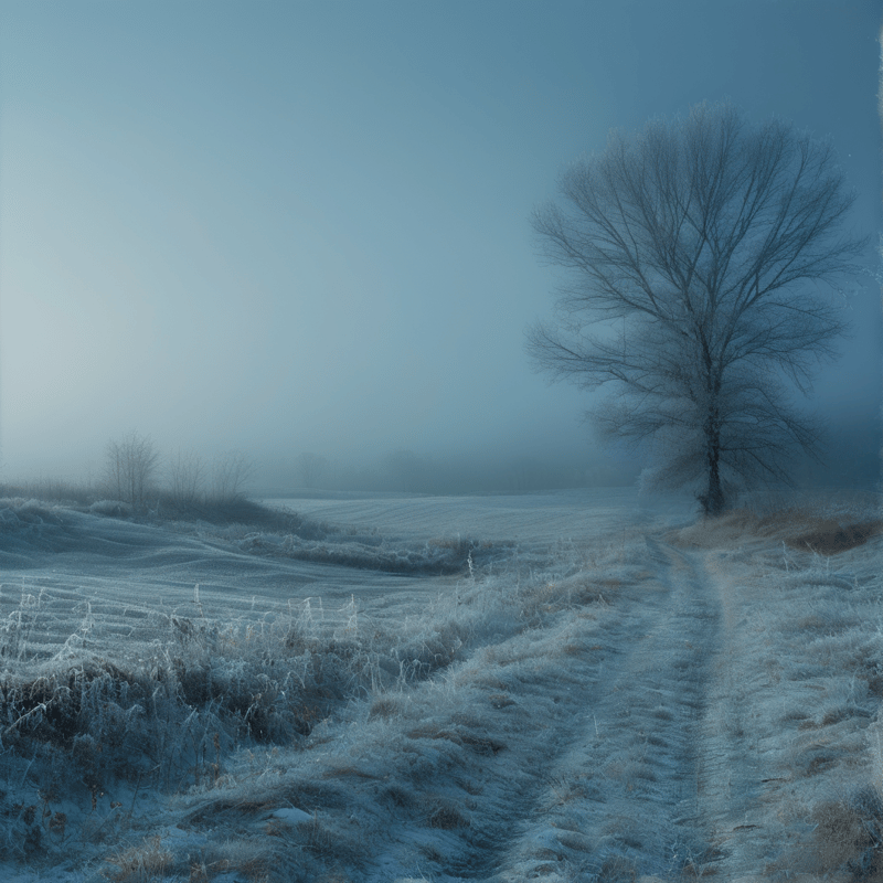 A large bare tree stands next to a dirt track cutting through frosty fields under a pale blue misty sky.