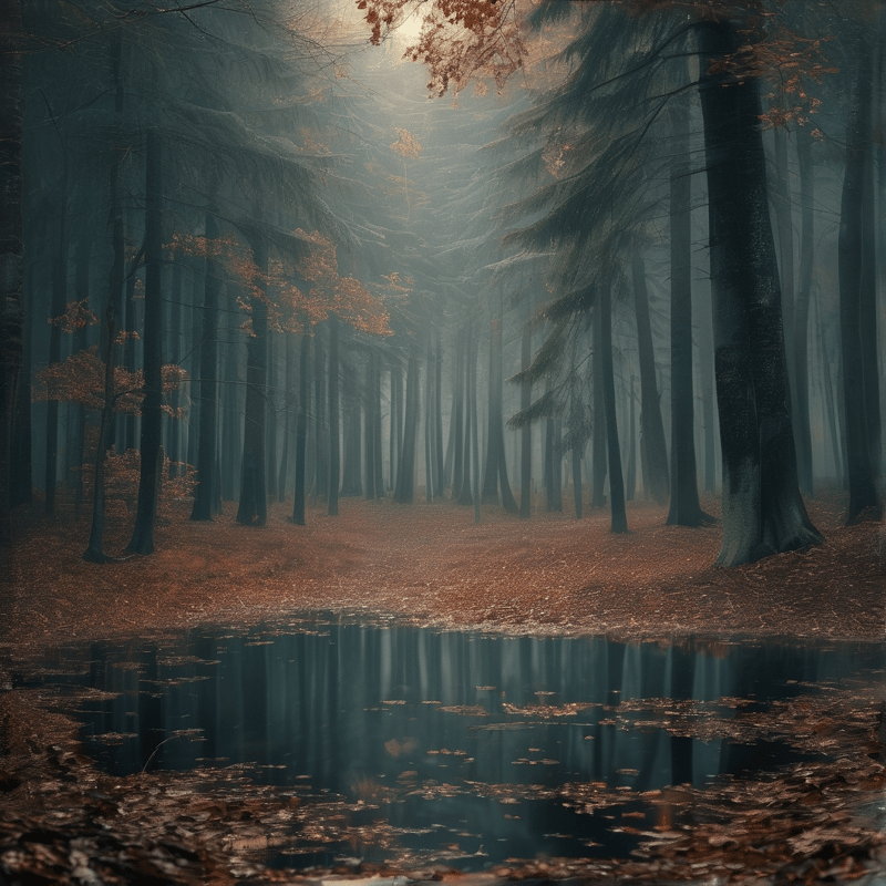 Tall pine trees stand in a foggy forest where sunlight beams onto a calm pond reflecting the trees.